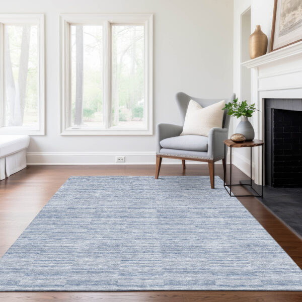 10' X 14' Sky Blue And Denim Blue Striped Washable Indoor Outdoor Area Rug