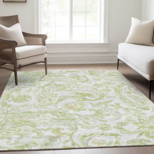 5' X 8' Sage Green And Ivory Paisley Washable Indoor Outdoor Area Rug