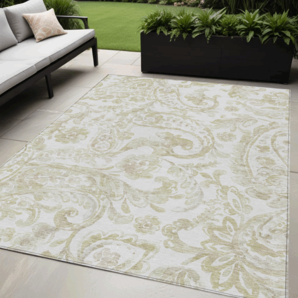 5' X 8' Beige Tan And Ivory Paisley Washable Indoor Outdoor Area Rug