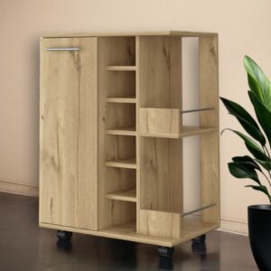 Oak Rolling Bar Cart With Wine Storage