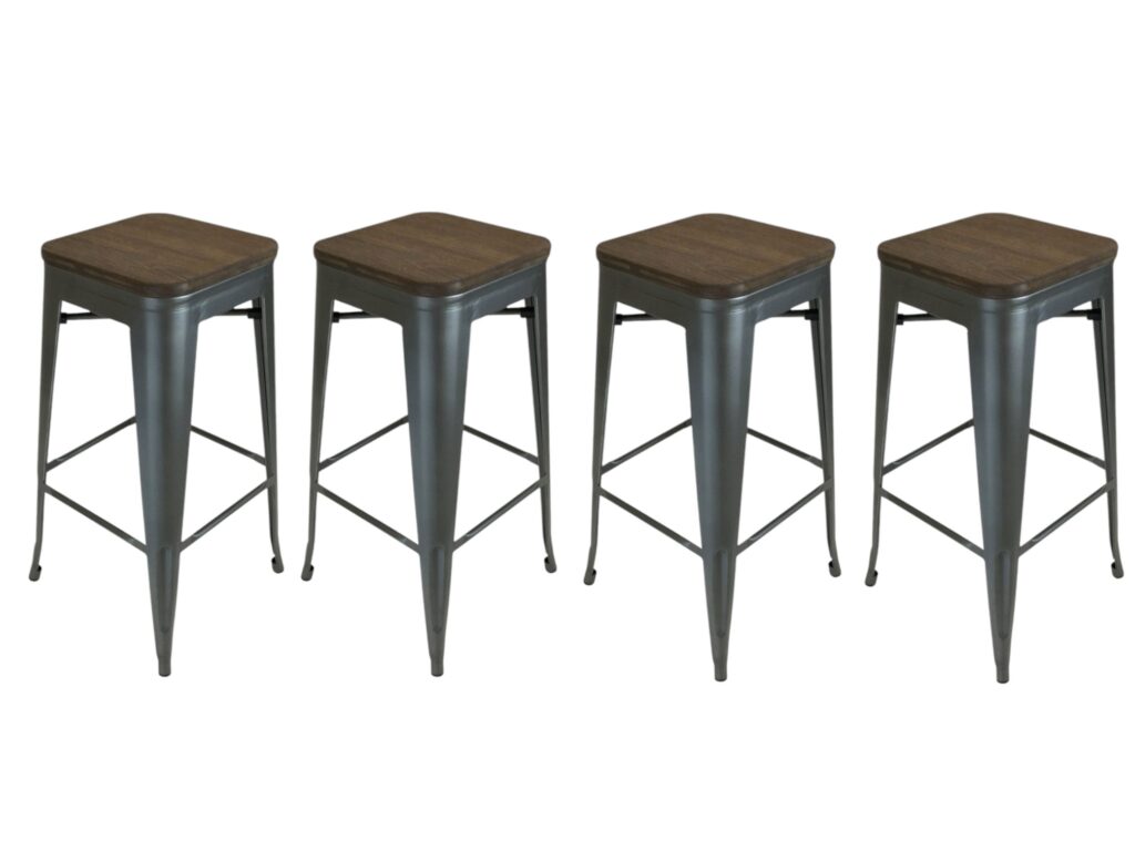 Set of Four 26" Brown and Gunmetal Solid Wood and Metal Backless Counter Height Bar Chairs