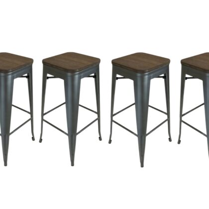 Set of Four 26" Brown and Gunmetal Solid Wood and Metal Backless Counter Height Bar Chairs