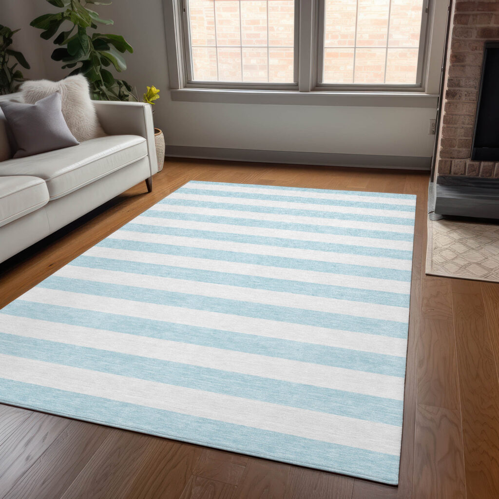 8' X 10' Blue and White Striped Washable Indoor Outdoor Area Rug