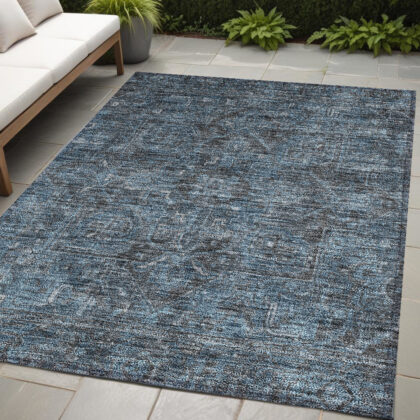 5' X 8' Navy and Black Oriental Washable Non Skid Indoor Outdoor Area Rug