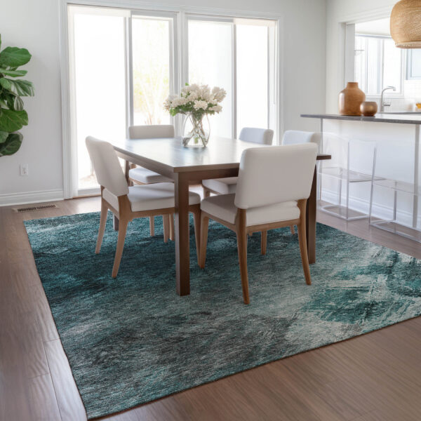 10' X 14' Teal Blue Aqua And Gray Abstract Washable Indoor Outdoor Area Rug