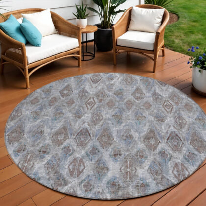 8' Sky Blue And Silver Round Geometric Washable Indoor Outdoor Area Rug