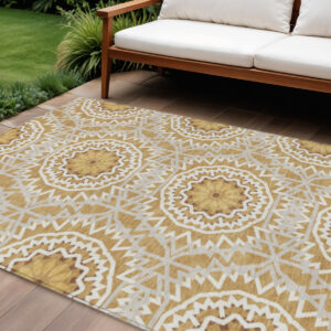 9' X 12' Gold Gray And Ivory Floral Medallion Washable Indoor Outdoor Area Rug