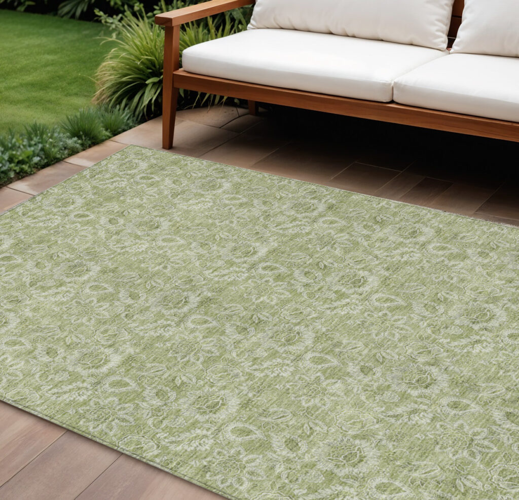 10' X 14' Green Floral Washable Indoor Outdoor Area Rug