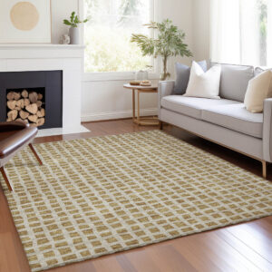 5' X 8' Gold And Beige Geometric Washable Indoor Outdoor Area Rug