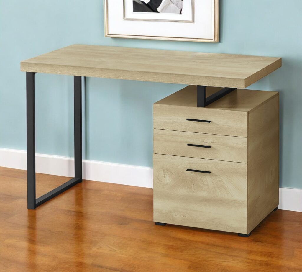 47" Natural and Black Wood and Metal Computer Desk With Three Drawers