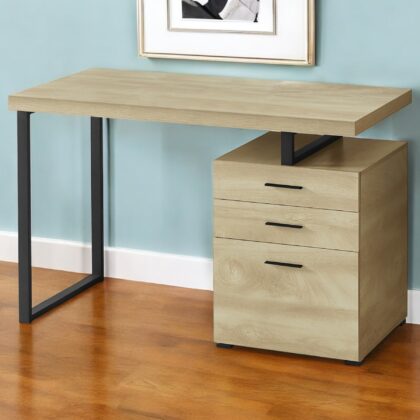 47" Natural and Black Wood and Metal Computer Desk With Three Drawers