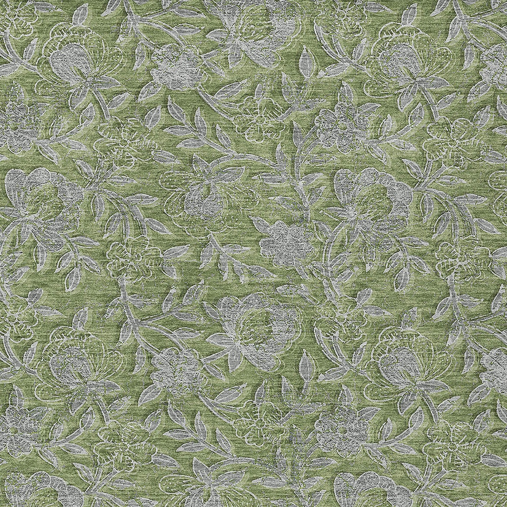 3' X 5' Olive Green And Gray Floral Washable Indoor Outdoor Area Rug