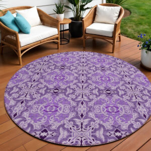 8' Purple And Lavender Round Medallion Washable Indoor Outdoor Area Rug