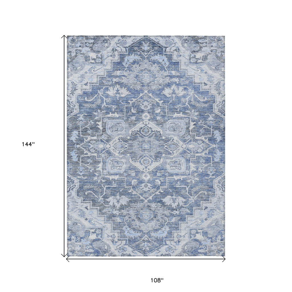 9' X 12' Denim Blue And Sky Blue Oriental Washable Indoor Outdoor Area Rug