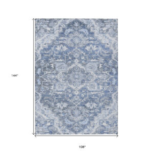 9' X 12' Denim Blue And Sky Blue Oriental Washable Indoor Outdoor Area Rug