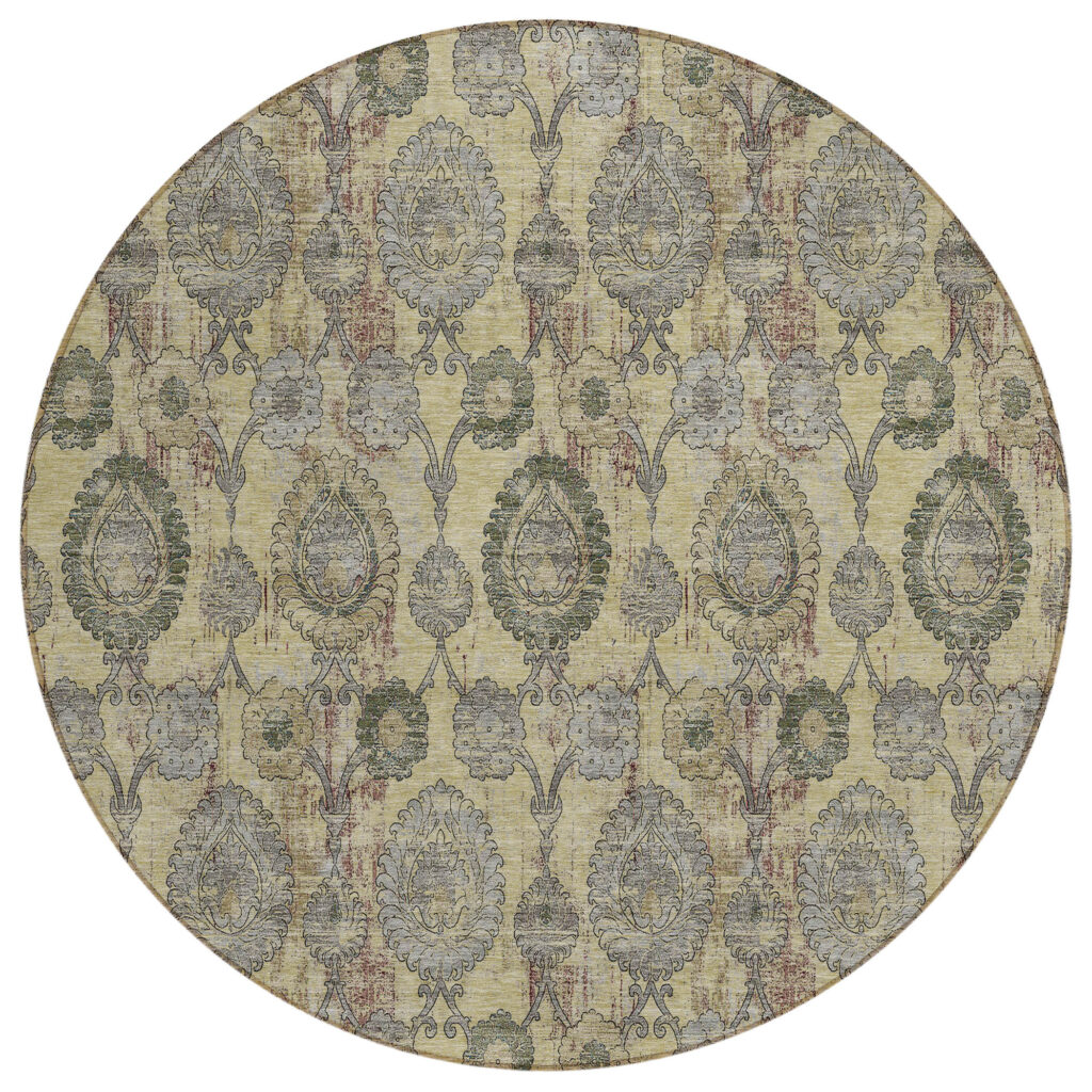 8' Gold Gray And Charcoal Round Damask Washable Indoor Outdoor Area Rug