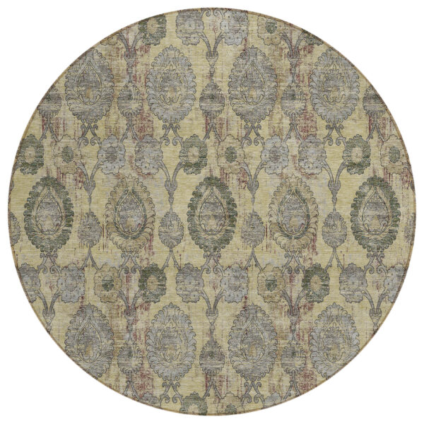 8' Gold Gray And Charcoal Round Damask Washable Indoor Outdoor Area Rug