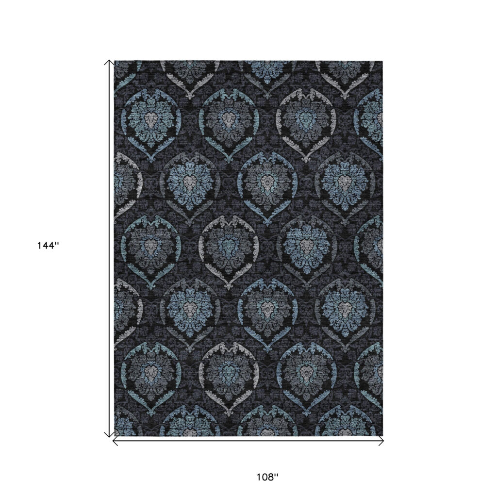 9' X 12' Blue Charcoal And Gray Medallion Washable Indoor Outdoor Area Rug