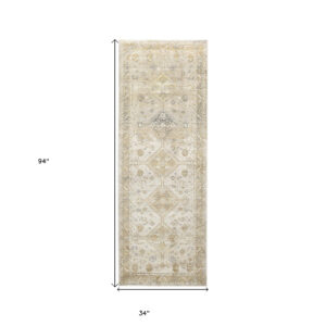 8' Gold and Ivory Floral Runner Rug