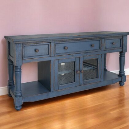 70" Blue Mango Solid Wood Open shelving Distressed TV Stand