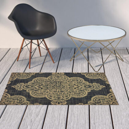 2' X 4' Black and Tan Oriental Stain Resistant Indoor Outdoor Area Rug