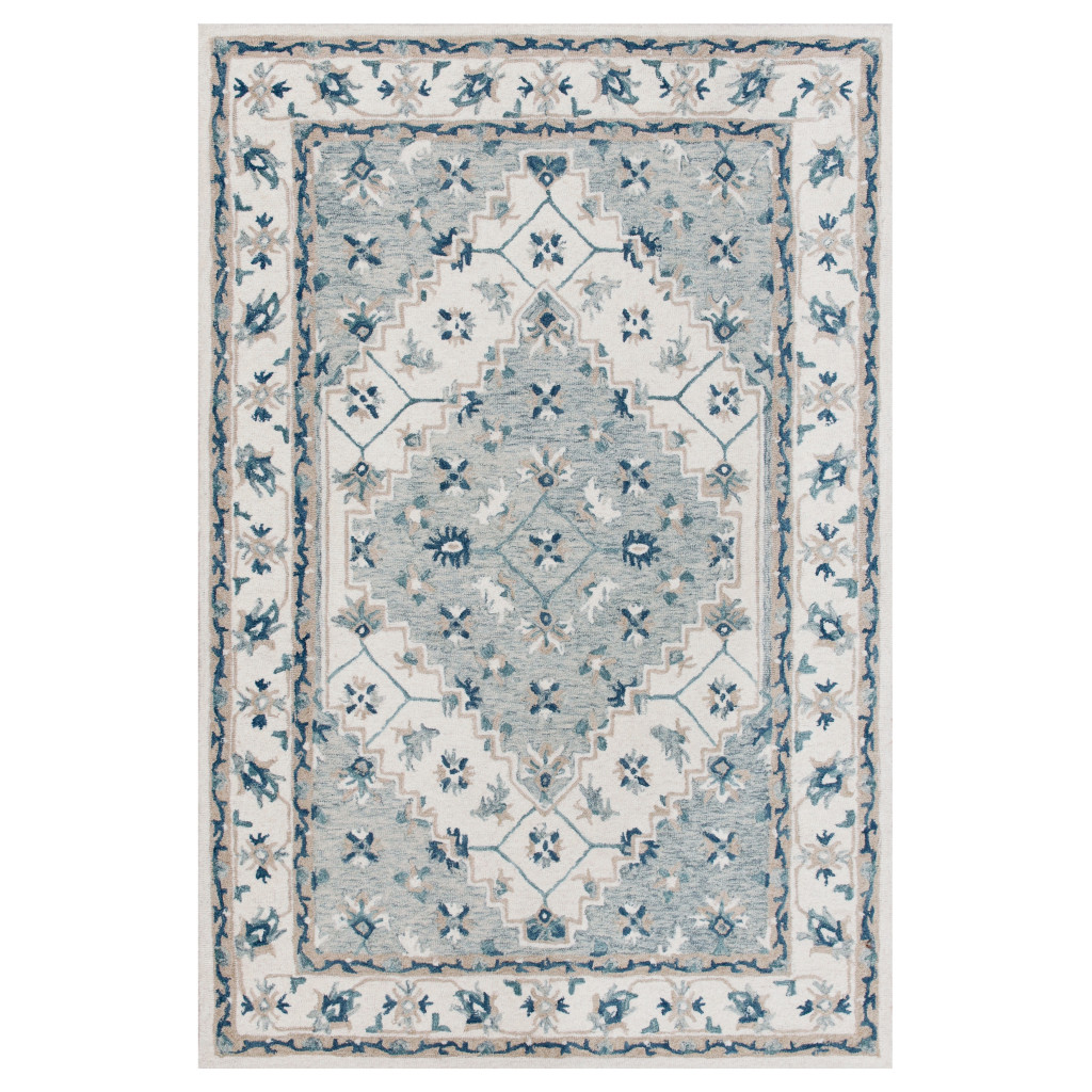 9' x 12' Blue and Ivory Wool Floral Hand Tufted Area Rug