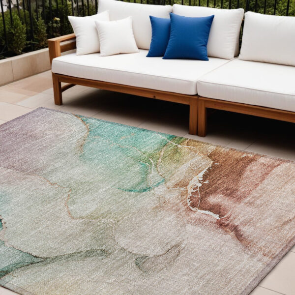 8' X 10' Teal Abstract Washable Non Skid Indoor Outdoor Area Rug