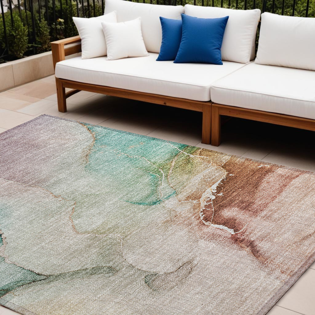 8' X 10' Teal Abstract Washable Non Skid Indoor Outdoor Area Rug