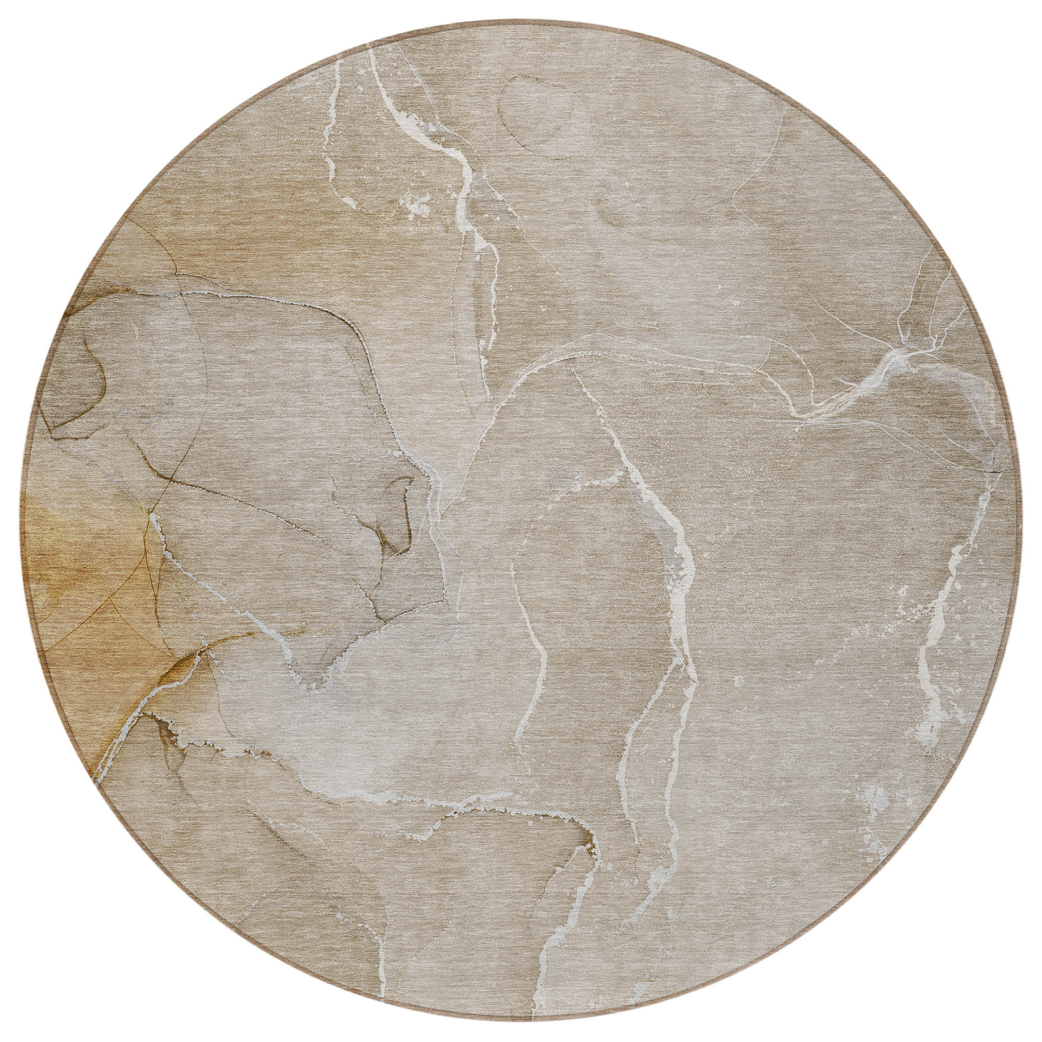 8' Round Beige Round Abstract Washable Non Skid Indoor Outdoor Area Rug