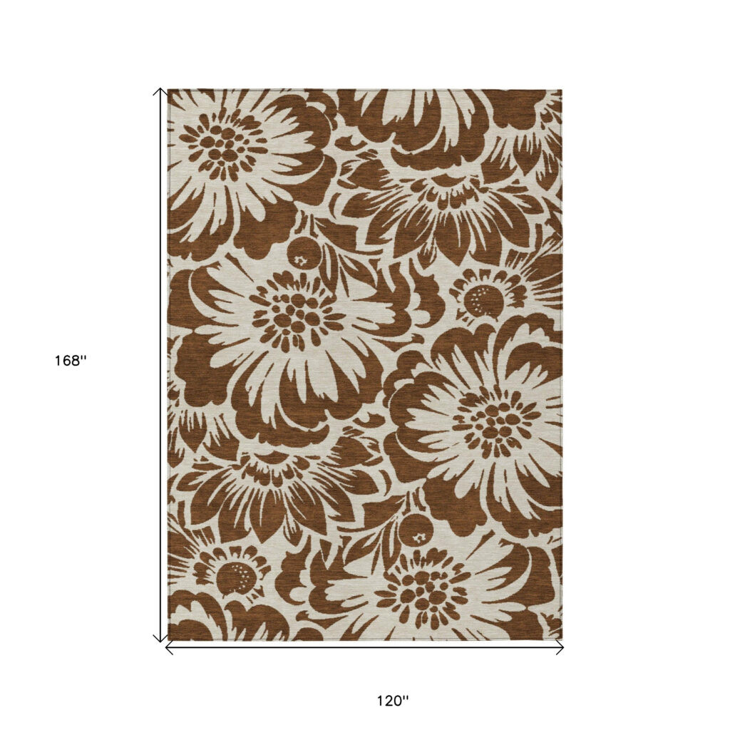 10' X 14' Brown and Ivory Floral Washable Non Skid Indoor Outdoor Area Rug