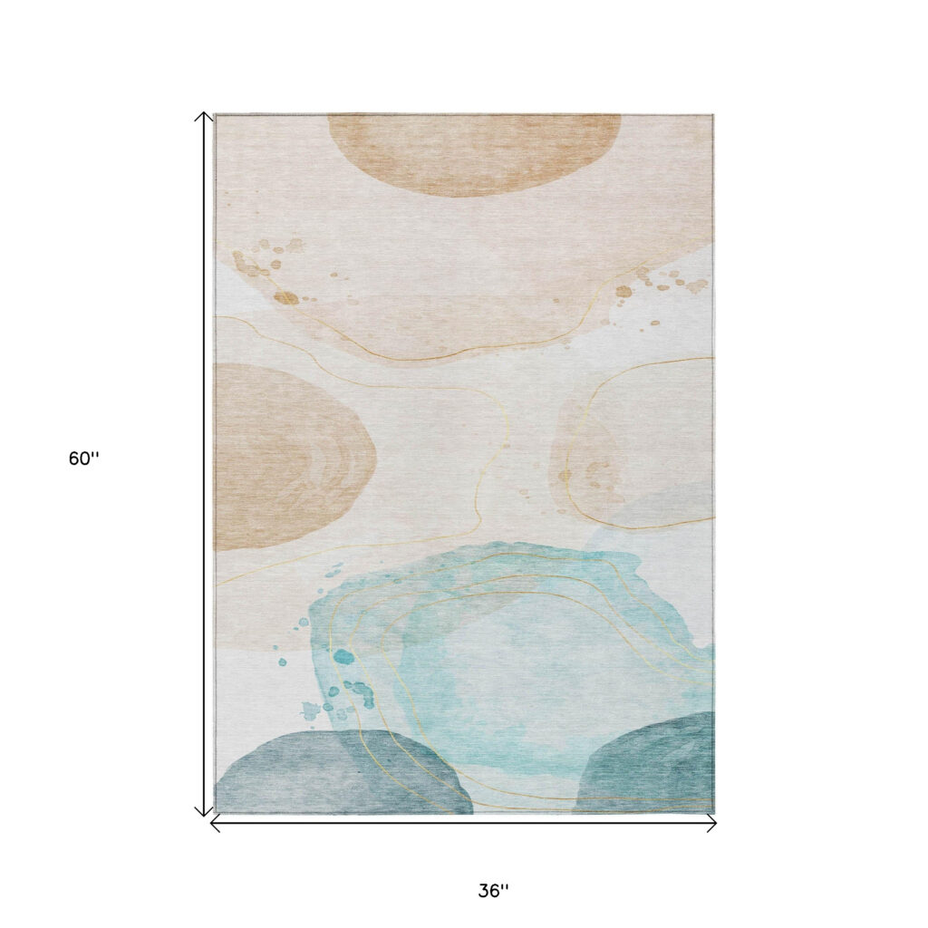 3' X 5' Beige and Blue Abstract Washable Non Skid Indoor Outdoor Area Rug