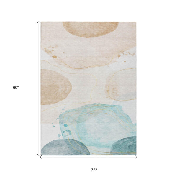3' X 5' Beige and Blue Abstract Washable Non Skid Indoor Outdoor Area Rug