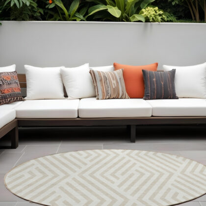 8' Round Beige and Ivory Round Geometric Washable Non Skid Indoor Outdoor Area Rug