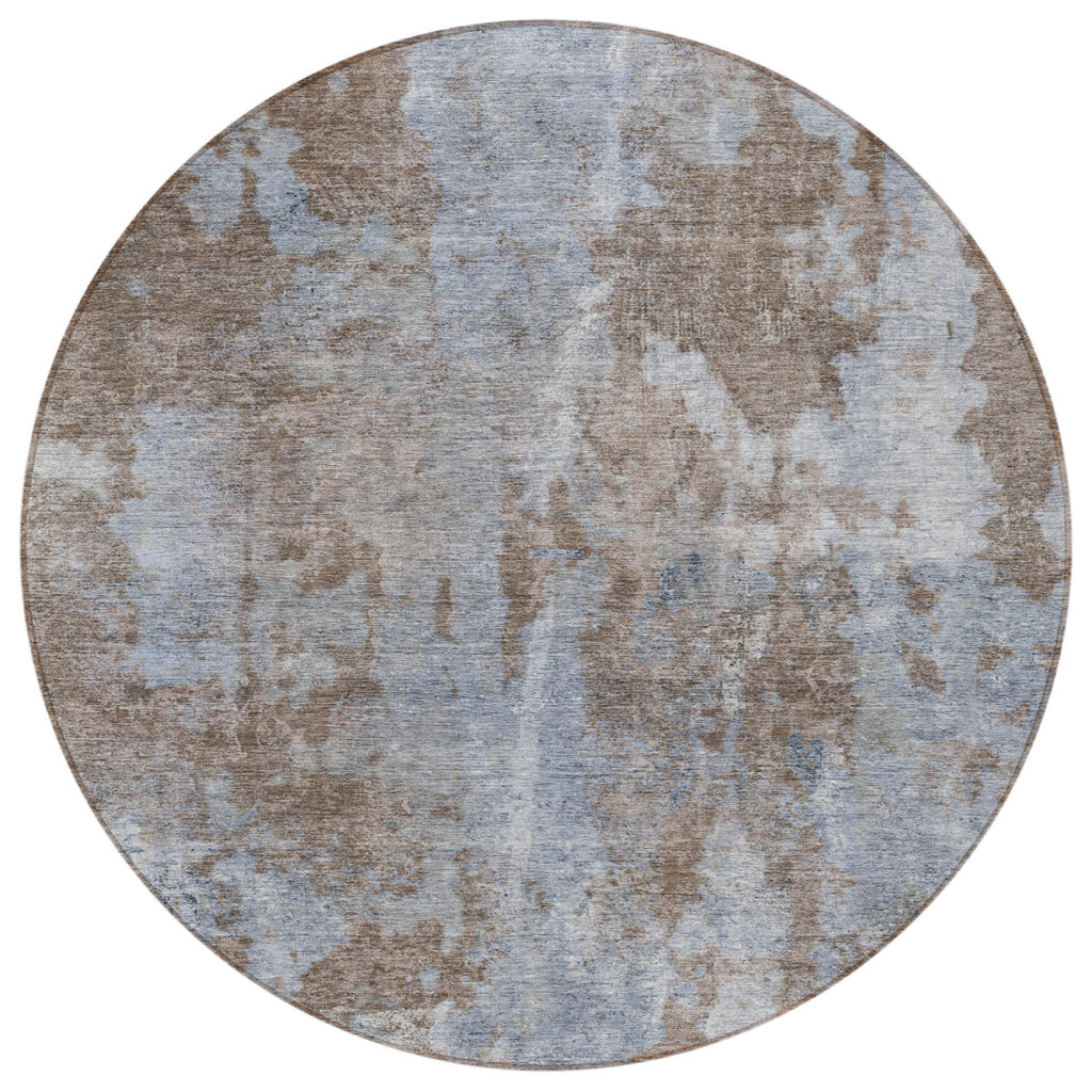 8' Round Mocha and Blue Round Abstract Washable Non Skid Indoor Outdoor Area Rug