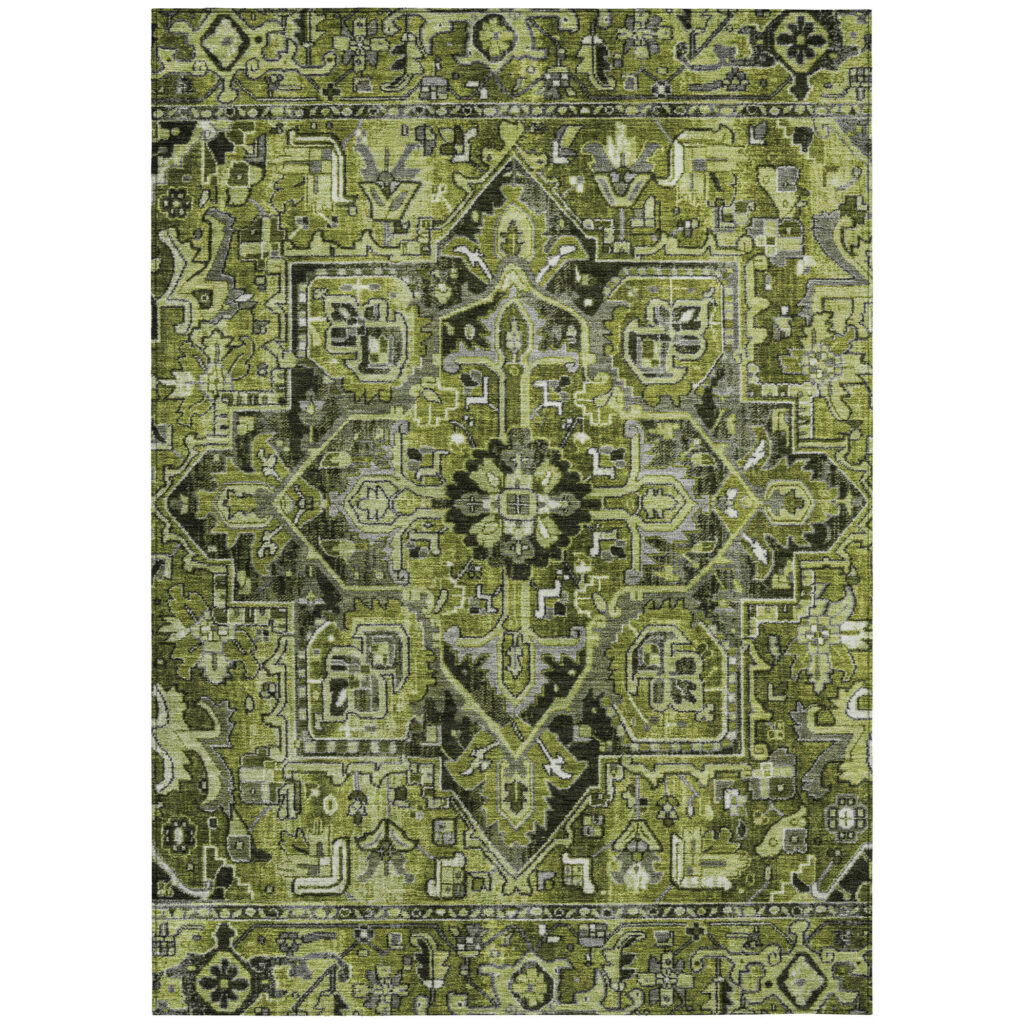 3' X 5' Olive Green and Dark Green Oriental Washable Non Skid Indoor Outdoor Area Rug