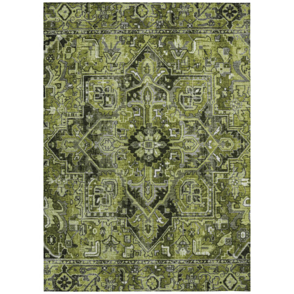 3' X 5' Olive Green and Dark Green Oriental Washable Non Skid Indoor Outdoor Area Rug