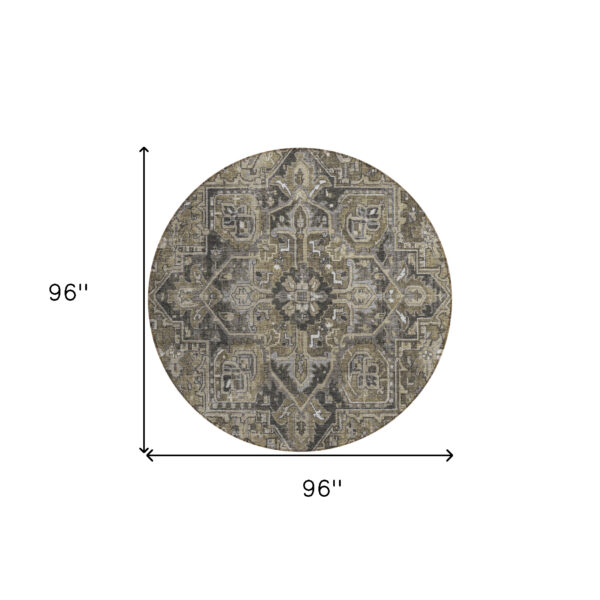 8' Round Taupe and Dark Taupe Round Oriental Washable Non Skid Indoor Outdoor Area Rug