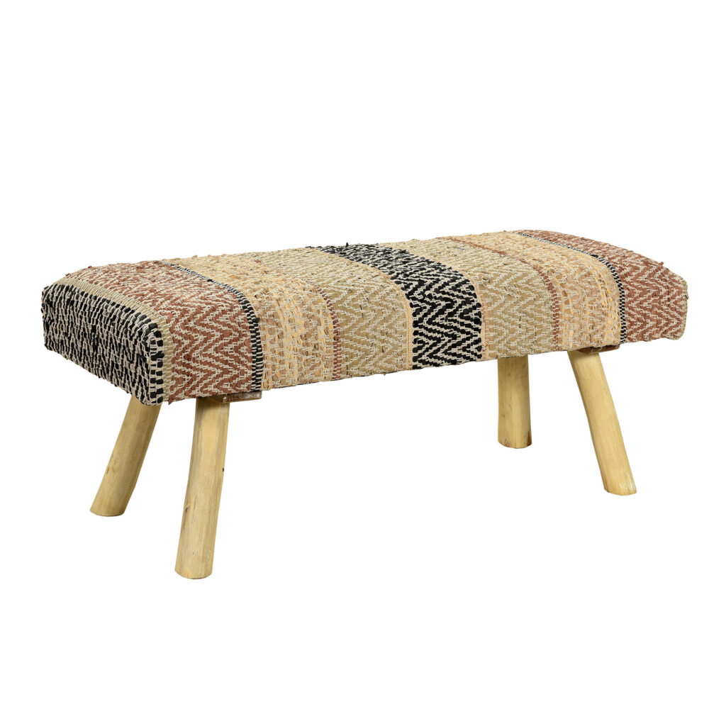 47" Brown And Natural Cotton And Wool Upholstered Striped Bench