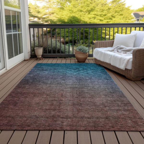 8' X 10' Teal Blue Chocolate And Charcoal Ombre Washable Indoor Outdoor Area Rug