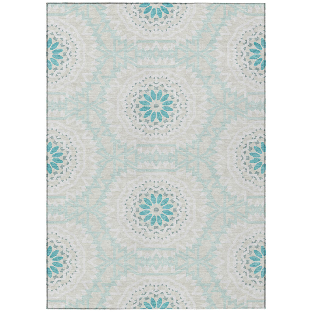 3' X 5' Teal Blue Beige And Ivory Floral Medallion Washable Indoor Outdoor Area Rug