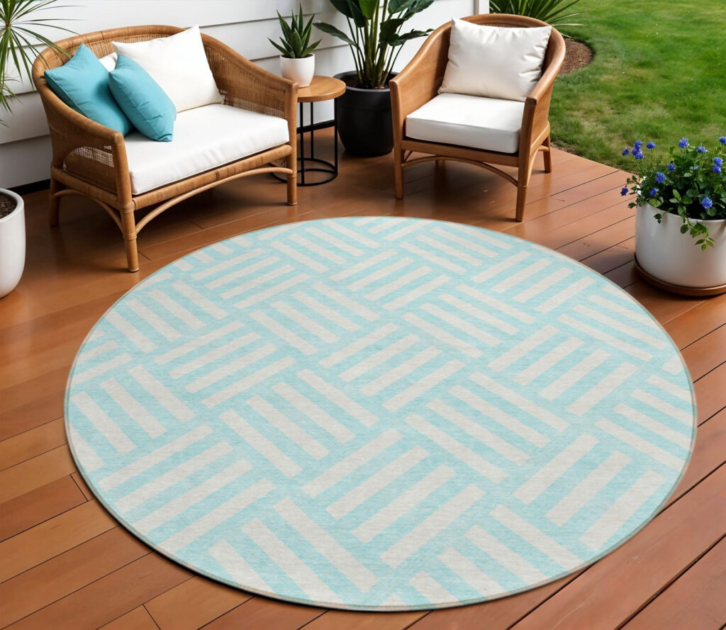 8' Aqua And Ivory Round Geometric Washable Indoor Outdoor Area Rug