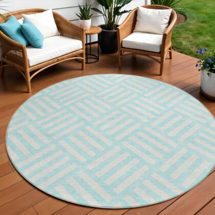 8' Aqua And Ivory Round Geometric Washable Indoor Outdoor Area Rug