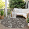 8' Chocolate Beige And Taupe Round Floral Washable Indoor Outdoor Area Rug