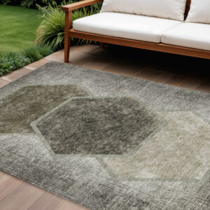10' X 14' Taupe Beige And Chocolate Geometric Washable Indoor Outdoor Area Rug