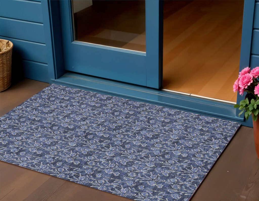 3' X 5' Navy Blue Denim Blue And Ivory Floral Washable Indoor Outdoor Area Rug