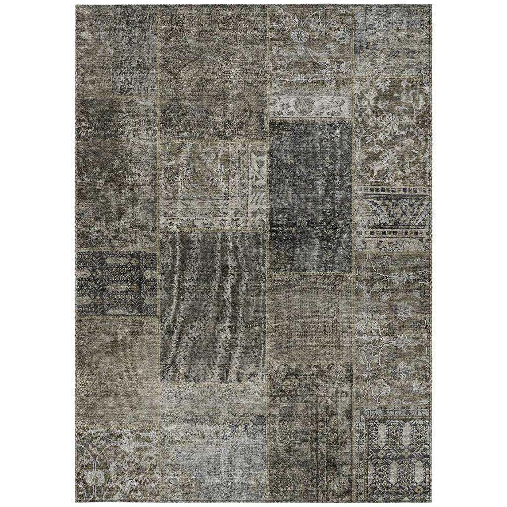 8' X 10' Taupe Brown And Charcoal Patchwork Washable Indoor Outdoor Area Rug