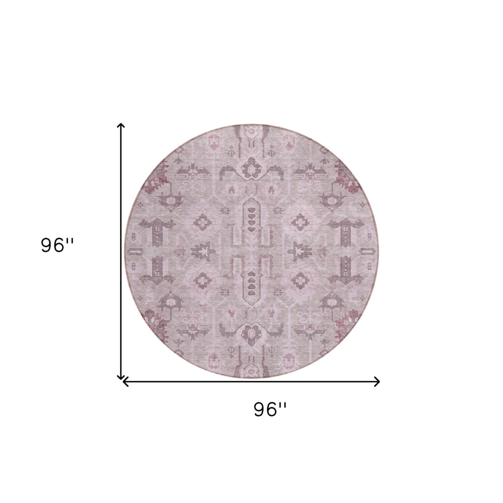 8' Pink Mauve And Blush Round Oriental Washable Indoor Outdoor Area Rug