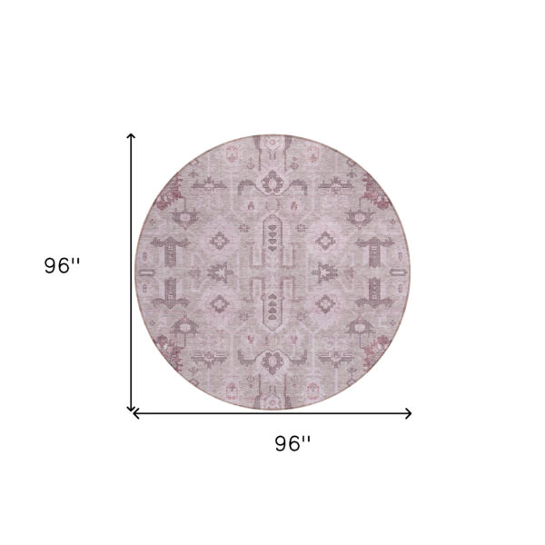 8' Pink Mauve And Blush Round Oriental Washable Indoor Outdoor Area Rug