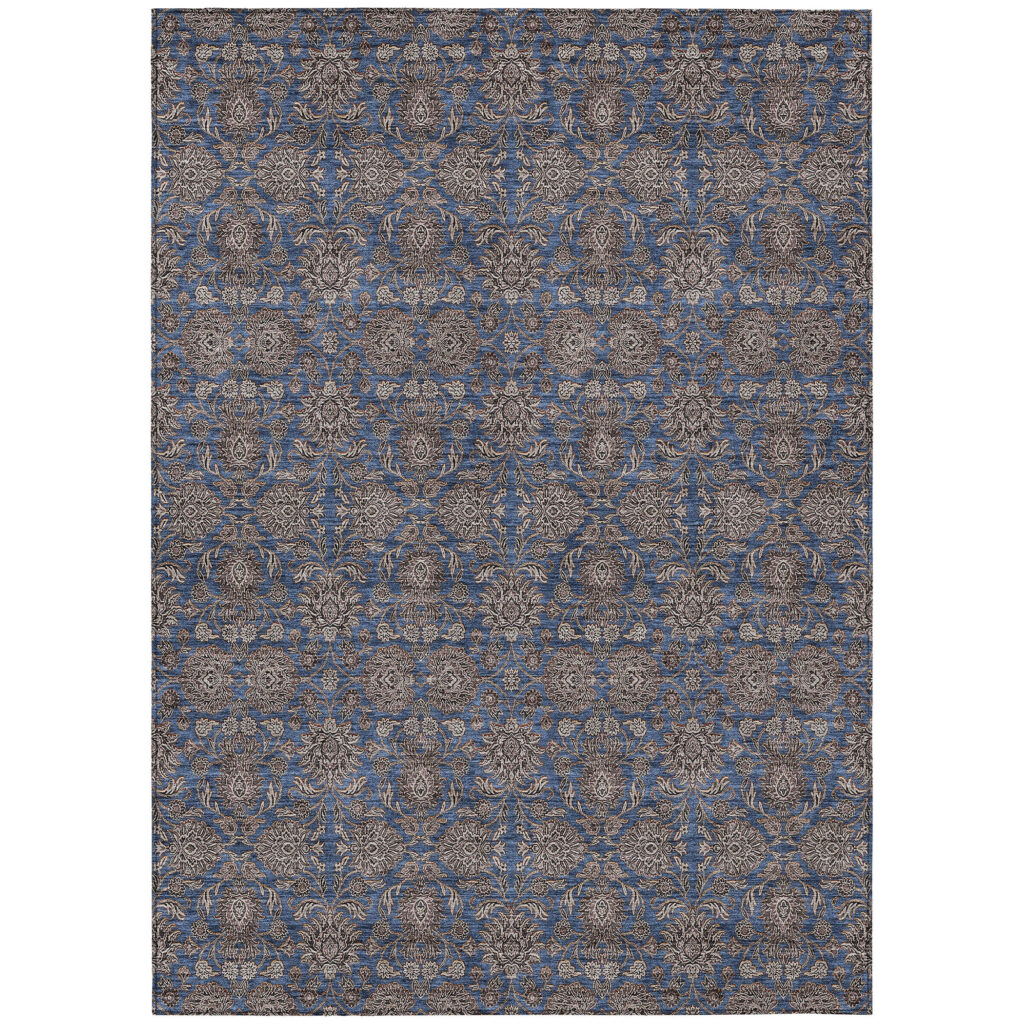 9' X 12' Navy Blue Beige And Taupe Floral Washable Indoor Outdoor Area Rug
