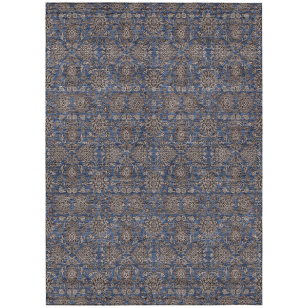 9' X 12' Navy Blue Beige And Taupe Floral Washable Indoor Outdoor Area Rug